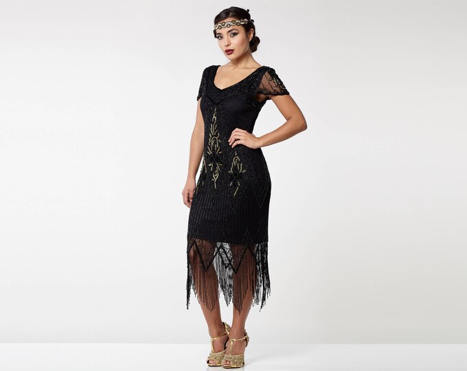 US0 UK4 AUS0 EU32 Black Gold Annette Vintage 20s Flapper Great Gatsby Downton Abbey Charleston Bridesmaid Wedding Guest Black Tie Dress