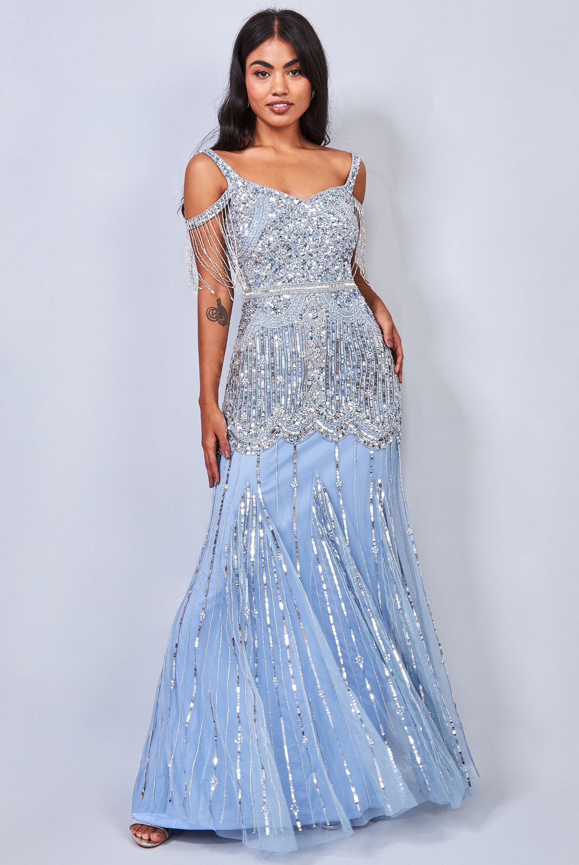 Chloe Blue Tie Open Back Maxi Prom Dress 1920s Great Gatsby Art