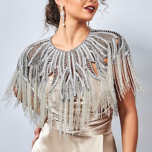 Lilly Embellished Cape black silver 20s inspired Flapper Wedding Prom Jacket Bolero Great Gatsby Art Deco beaded Shrug cape