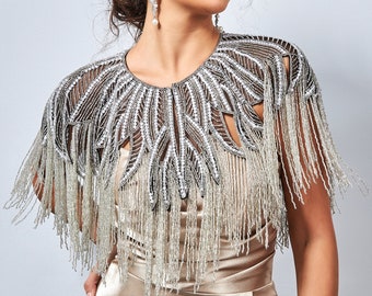 Lilly Embellished Cape black silver 20s inspired Flapper Wedding Prom Jacket Bolero Great Gatsby Art Deco beaded Shrug cape