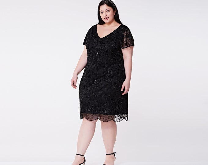 Plus size Downton Abbey Black Flapper dress with sleeves Vintage inspired 20s Gatsby Charleston Wedding Guest Bridesmaids Dress Hand Made