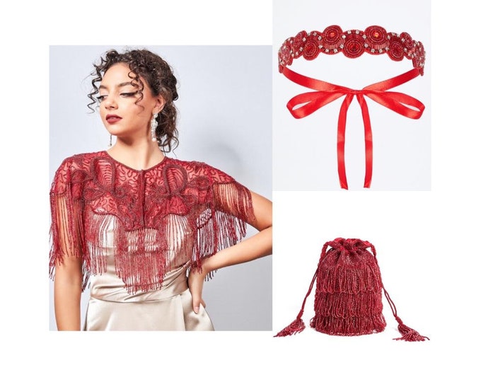 Flapper Embellished Cape Bucket bag and Headband in Red 20s inspired Wedding Prom Jacket Bolero Great Gatsby Art Deco beaded Shrug cape