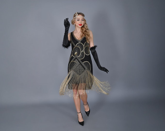 US10 UK14 AUS14 EU42 Flapper Jazz age Jade Black Gold Fringe Dress 1920s Great Gatsby Art Deco Charleston Bridesmaid Wedding guest Swing