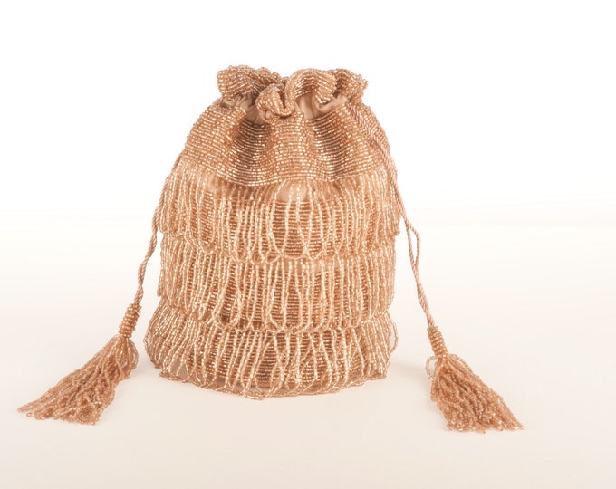 Vintage Inspired Tassel Bucket Pouch clutch purse bag Blush Wedding Bridal Bridesmaids Embellished 20s Great Gatsby Flapper Art Deco
