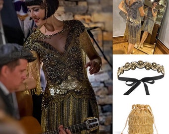 Flapper Set Fringe Dress Emmertas en hoofdband jaren 1920 Vintage geïnspireerd Great Gatsby Art Deco Charleston Downton Abbey bruidsmeisje bruiloft