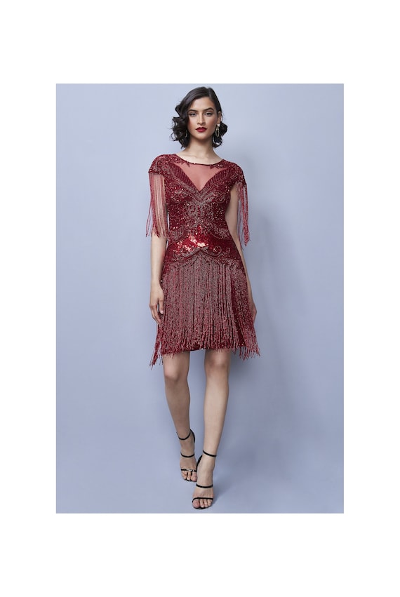 burgundy fringe dress Intense defense feather mini dress in Burgundy