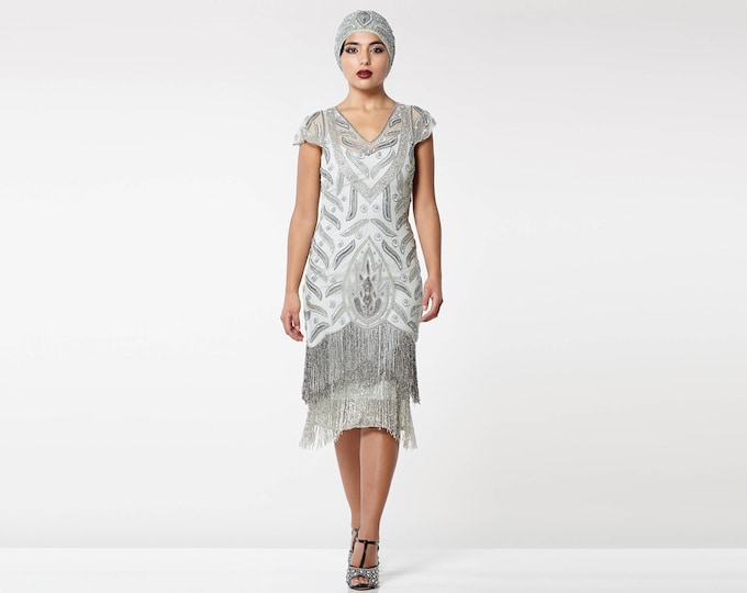 US12 UK16 AUS16 EU44 Vegas Grey Silver FlapperDress Slip Included 20s Great Gatsby Fringe Deco Charleston Downton Abbey Bridesmaid Wedding