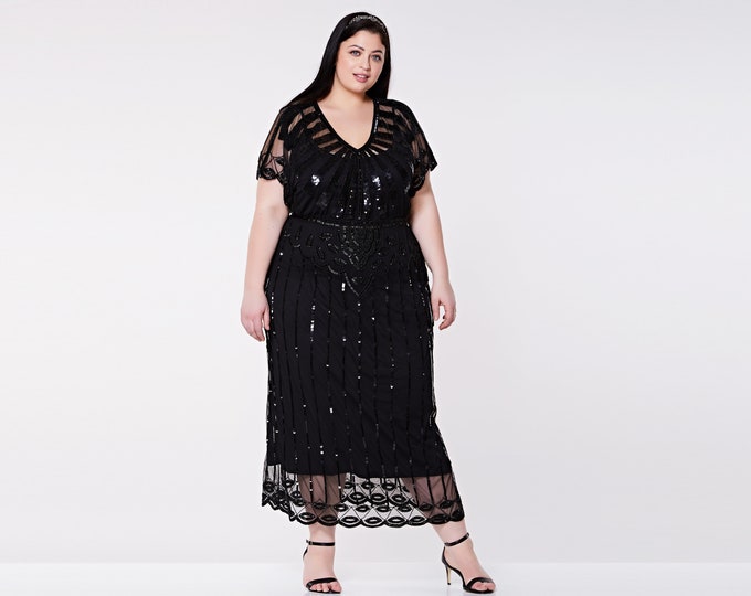 US26 UK30 AUS30 EU58 Black Angel Sleeve Plus Size Prom Maxi Dress 20s Black Tie Flapper Gatsby Charleston Downton Abbey Art Deco Bridesmaids