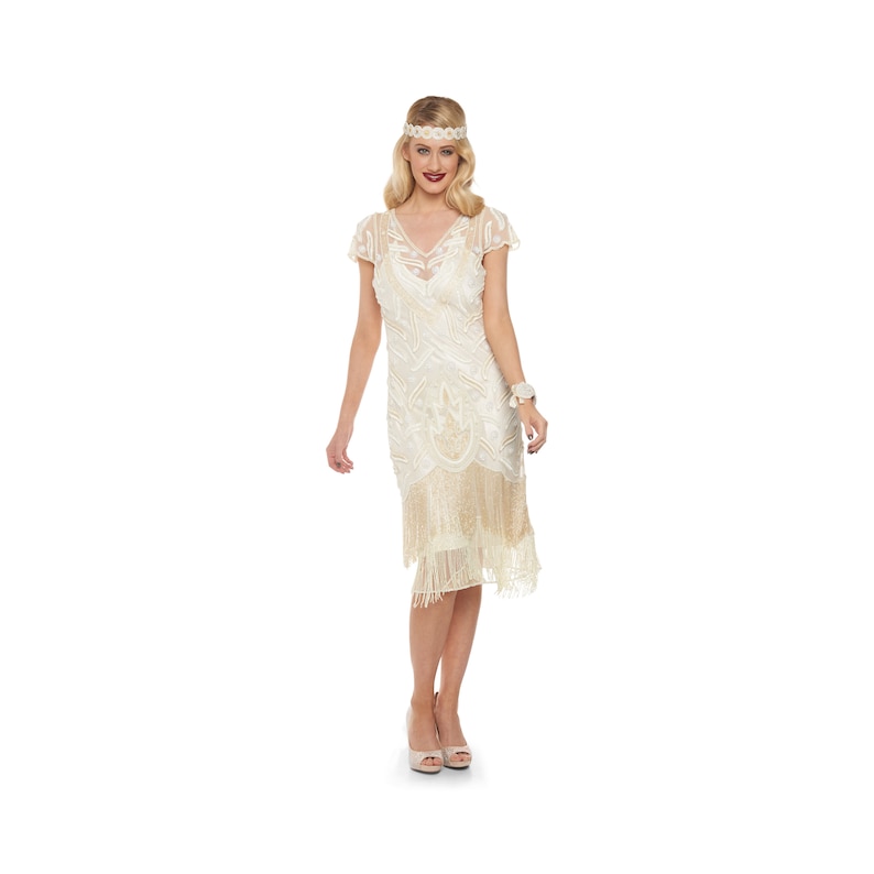 Vintage Style Wedding Dresses, Vintage Inspired Wedding Gowns Vegas Cream Flapper Dress with Slip 1920s Great Gatsby Art Deco Downton Abbey Bridesmaid Wedding reception Bridal Shower Rehearsal Dinner $206.29 AT vintagedancer.com