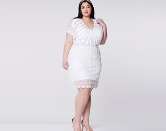 US28 UK32 AUS32 EU60 Plus Size Angel Sleeve Off White 20s Flapper Great Gatsby Charleston Beach Wedding Guest Bridesmaid Bridal Shower Dress