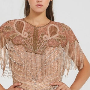 Suzi Embellished Cape RoseGold 20s inspired Flapper Fringe Wedding Prom Jacket Bolero Great Gatsby Art Deco Downton Abbey beaded Shrug cape