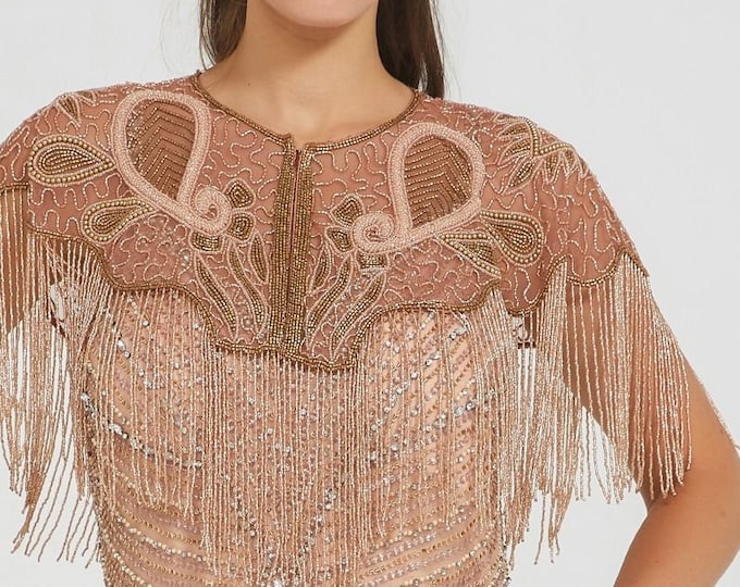 Suzi Embellished Cape RoseGold 20s inspired Flapper Fringe Wedding Prom Jacket Bolero Great Gatsby Art Deco Downton Abbey beaded Shrug cape