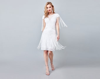 white fringe flapper dress