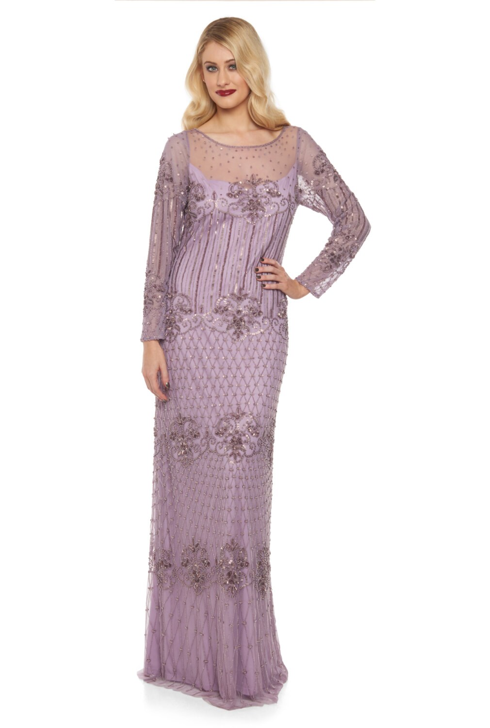 Plus Size Lavender Lilac Prom Maxi Dress Sleeves 20s Inspired