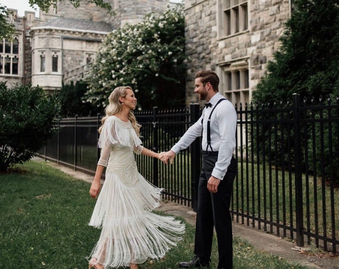 UK12 EU40 Wedding Gown Cream Glam Prom Maxi Dress with Sleeves 20s GreatGatsby Downton Abbey Bridal Shower Beach Wedding Reception