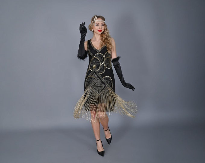 Flapper Jade Black Gold Fringe Swing Dress 1920s Great Gatsby Art Deco Charleston Downton Abbey Bridesmaid Wedding guest Jazzage