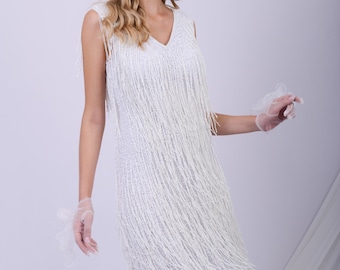 Size US4 UK8 AUS8 EU36 Bridal Shower Wedding Reception Party Flapper Fringe Dress Cocktail 1920s inspired Great Gatsby Art Deco Bridesmaid