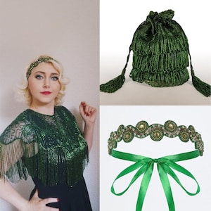 Flapper Embellished Cape Bucket bag and Headband in Green 20s inspired Wedding Prom Jacket Bolero Great Gatsby Art Deco beaded Shrug cape