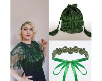 Flapper Embellished Cape Bucket bag and Headband in Green 20s inspired Wedding Prom Jacket Bolero Great Gatsby Art Deco beaded Shrug cape