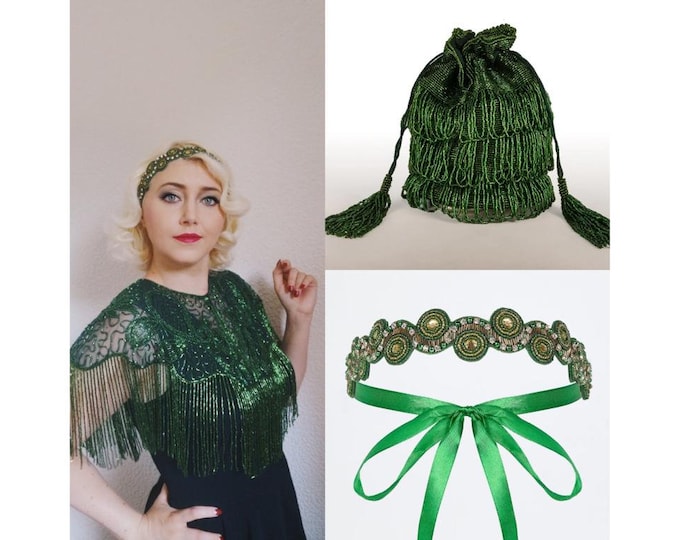 Flapper Embellished Cape Bucket bag and Headband in Green 20s inspired Wedding Prom Jacket Bolero Great Gatsby Art Deco beaded Shrug cape