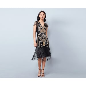 Mary Black Gold Fringe Flapper Dress Slip Included 20s Great Gatsby Art Deco Charleston Downton Abbey Bridesmaid Wedding