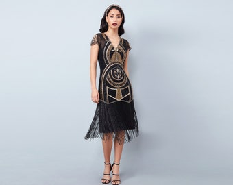 Mary Black Gold Fringe Flapper Dress Slip Included 20s Great Gatsby Art Deco Charleston Downton Abbey Bridesmaid Wedding