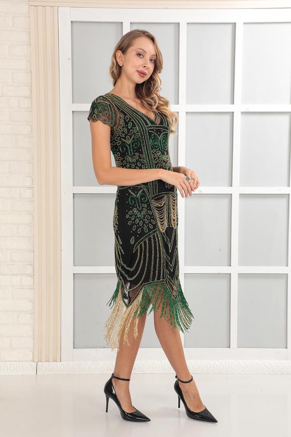 slim fit dress slacks 1920s-inspired flapper dress in green with drape and bow – LaVieDelight