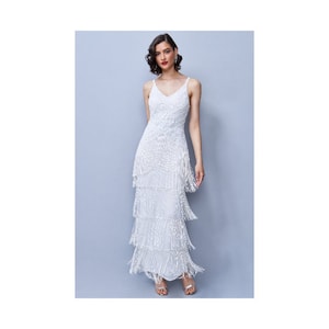 Limited Edition Tessa White Bridal Gown maxi Fringe Great Gatsby 1920s Vintage Inspired Flapper Art Deco Bridal shower Wedding Reception