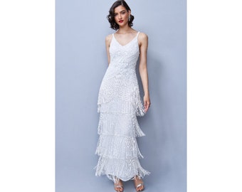 Size US6 UK10 AUS10 EU38 Limited Edition White Bridal Gown maxi Fringe Gatsby 20s Inspired Flapper Art Deco Bridal shower Wedding Reception