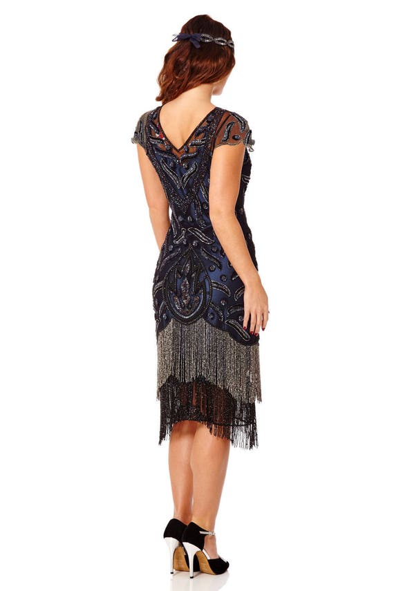 navy blue flapper dress Unique Vintage Navy Blue & Silver Swirl Iris Fringe Flapper Dress Retro on the Go