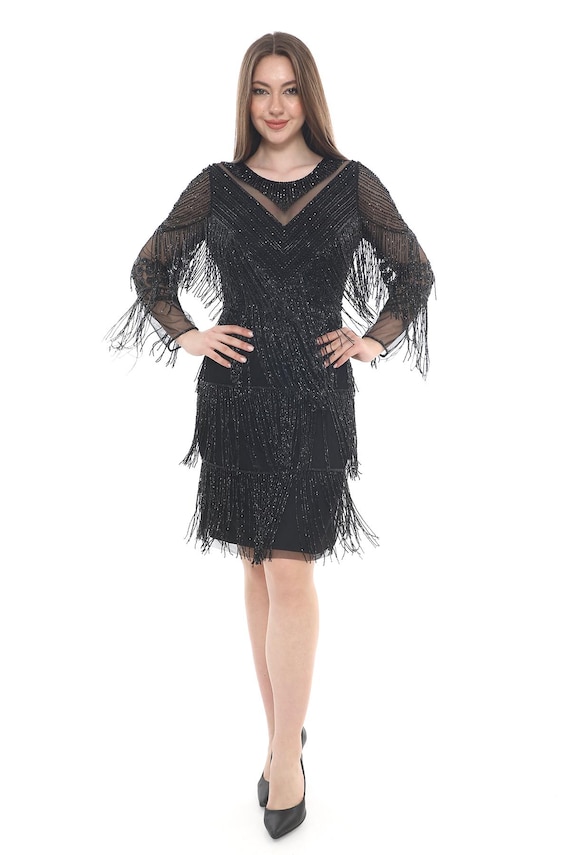Black Tie Flapper Dress Long Sleeves 1920s Great Gatsby Fringe Art