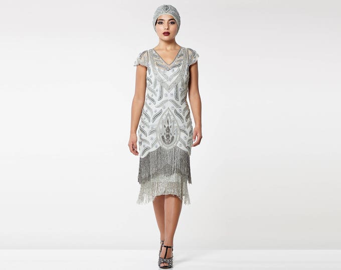 US8 UK12 AUS12 EU40 Vegas Grey Silver FlapperDress Slip Included 20s Great Gatsby Fringe ArtDeco Charleston Downton Abbey Bridesmaid Wedding