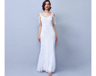 Chloe Hochzeitskleid Weiß Offener Rücken Maxi Abendkleid 1920er Jahre Great Gatsby Art Deco Downton Abtei Brautjungfer Hochzeit