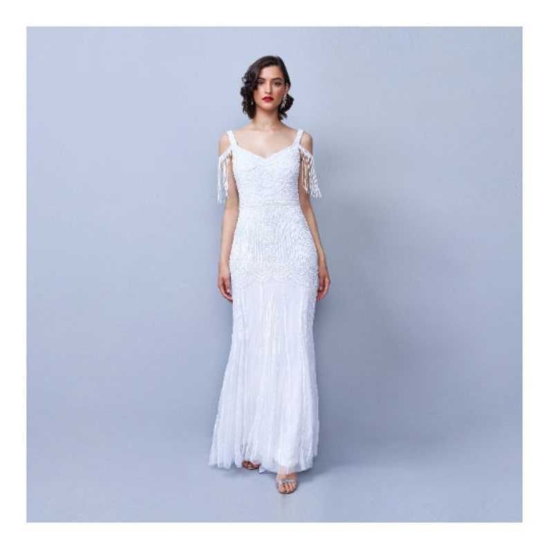 1920s Wedding Dresses- Art Deco Wedding Dress, Gatsby Wedding Dress     Chloe Wedding Gown White Open Back Maxi Prom Dress 1920s Great Gatsby Art Deco Downton Abbey Bridesmaid Wedding reception  AT vintagedancer.com