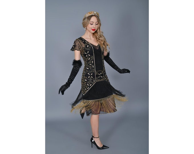 US14 UK18 AUS18 EU46 Hand made Edith Black Gold Fringe Flapper Dress 20s Great Gatsby Art Deco Charleston Downton Abbey Bridesmaid Wedding