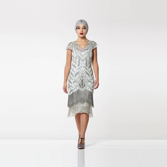 US4 UK8 AUS8 EU36 Vegas Grey Silver Flapper Dress Slip Included