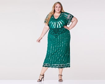 Plus Size Teal Angel Sleeve Prom Maxi Dress 20s Flapper Great Gatsby Charleston Mother of the Bride Speakeasy Art Deco Bridesmaids Wedding