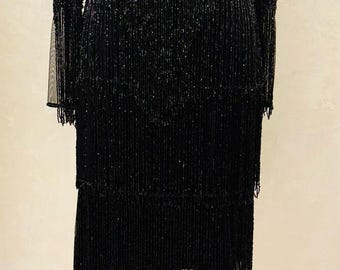 US4 UK8 AUS8 EU36 Black Tie Flapper Dress Long Sleeves 1920s Great Gatsby Fringe Art Deco Cocktail Speak easy Bridesmaids Wedding Guest