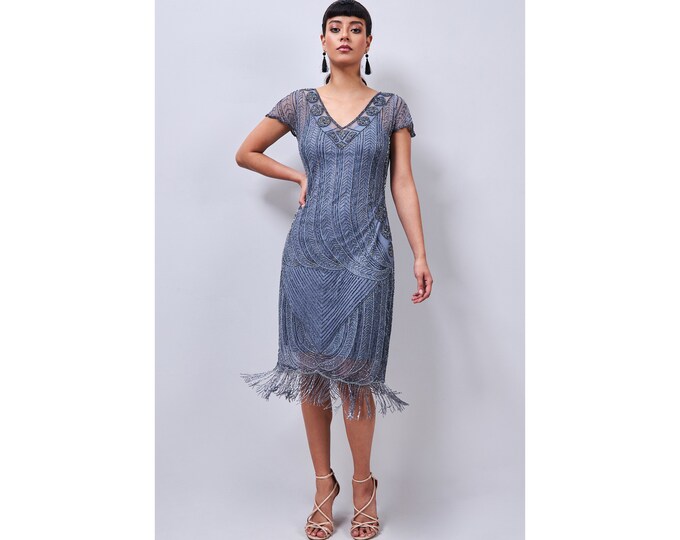 US4 UK8 AUS8 EU36 Handmade Dorothy Fringe Flapper Dress in Lilac Grey 1920s inspired Great Gatsby Art Deco Charleston Bridesmaid Wedding