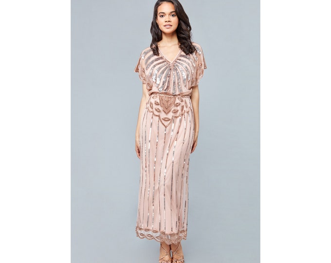 US12 UK16 AUS16 EU44 Maxi Flapper Dress in Blush Prom Maxi Dress 20s Great Gatsby Mother of the Bride Speakeasy Art Deco Bridesmaids Wedding