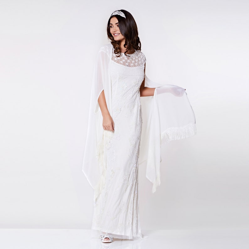 Canada Duty Free Shipping Abigail Off White Fringe Shawl Cape Bolero Shrug with Beaded Armhole 20s Great Gatsby Flapper Art Deco Hand made