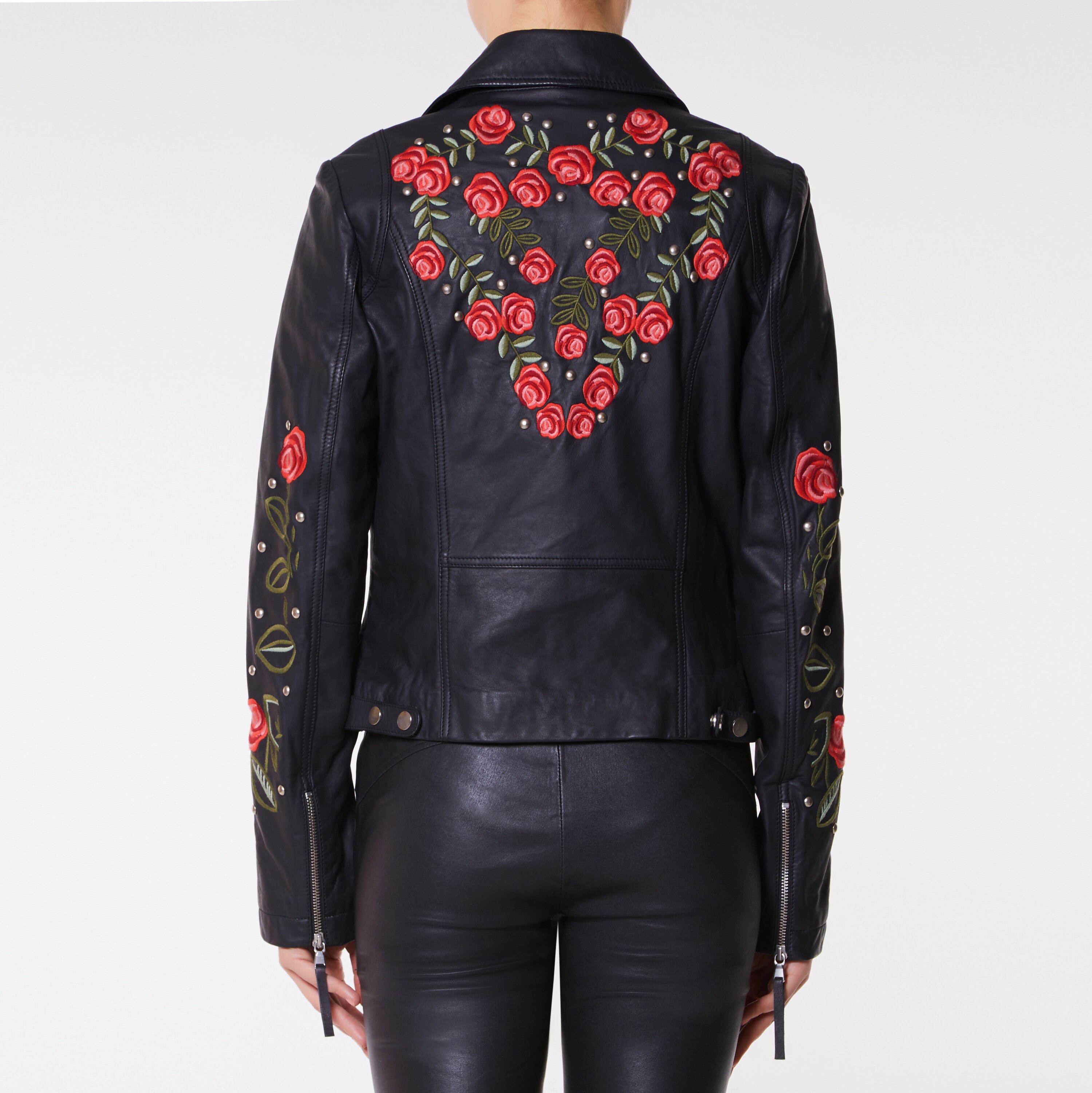 leather jacket with rose embroidery