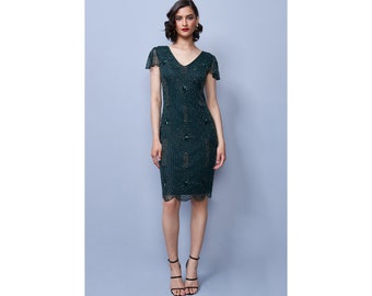 Size US10 UK14 AUS14 EU42 Downton Abbey Forest Green Flapper Dress 20s Gatsby Wedding Guest Bridesmaids Dress with Sleeves Hand Made