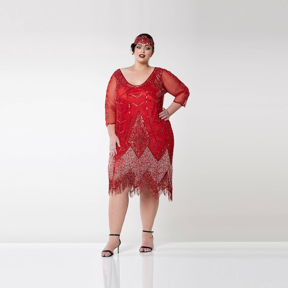 red fringe dress plus size Plus Size US16 UK20 AUS20 EU48 Scarlet Red Flapper Dress With Sleeves Slip  Included 1920s Great Gatsby Charleston Bridesmaid Downton Abbey