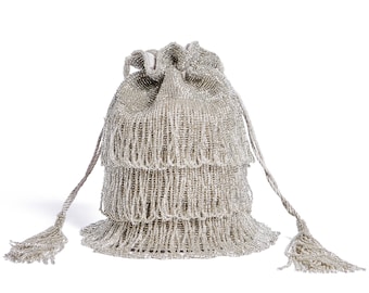 Vintage Inspired Tassel Bucket Pouch purse bag Silver Wedding Bridal Bridesmaids Embellished 20s Great Gatsby Flapper Art Deco
