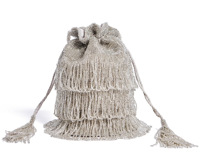 Vintage Inspired Tassel Bucket Pouch purse bag Silver Wedding Bridal Bridesmaids Embellished 20s Great Gatsby Flapper Art Deco