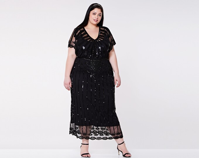 Plus size Black Angel Sleeve Prom Maxi Dress 20s Flapper Great Gatsby Charleston Mother of the Bride Speakeasy Art Deco Bridesmaids Wedding