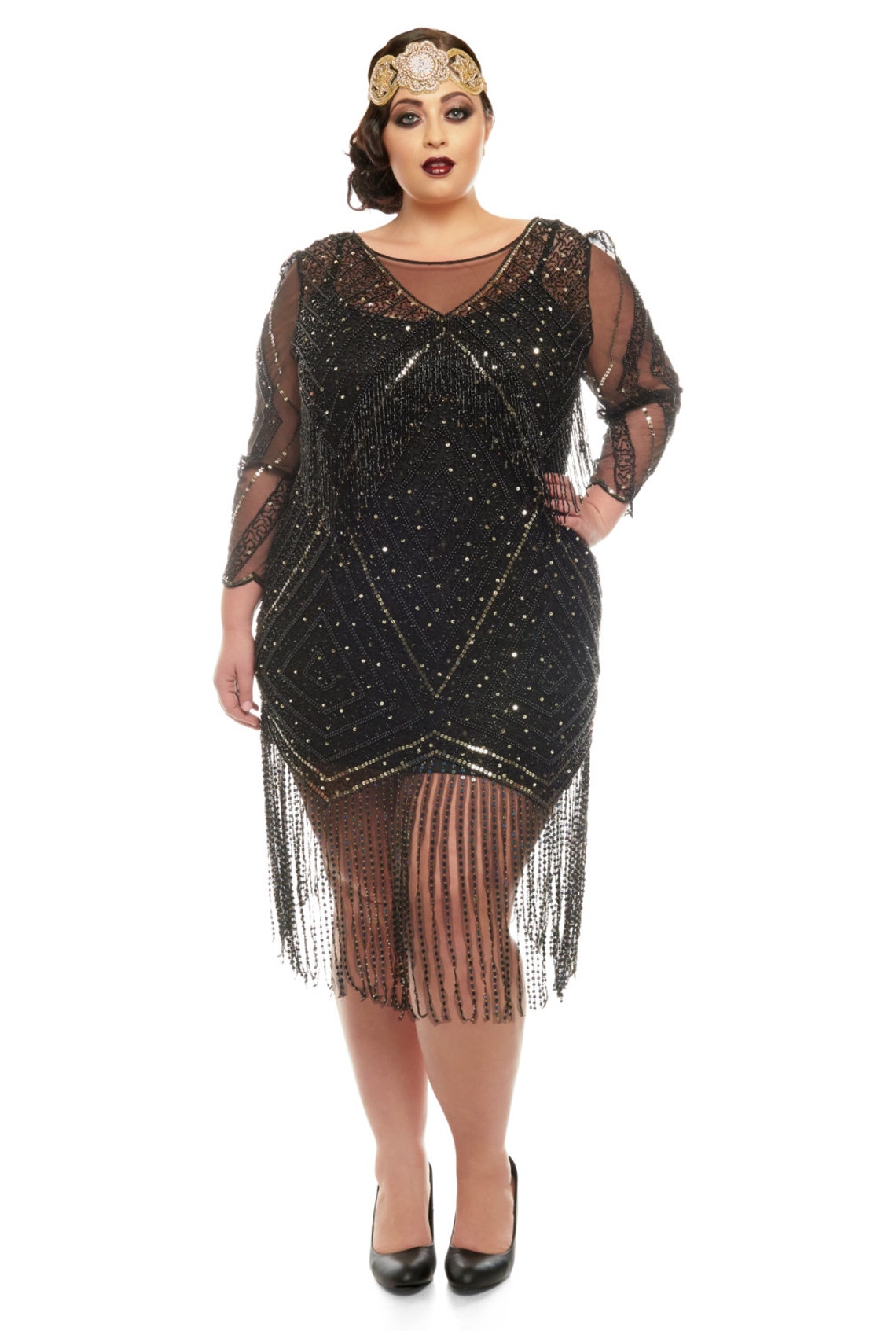 Betty Black Gold Fringe Dress With Sleeves With Slip 20s Etsy UK