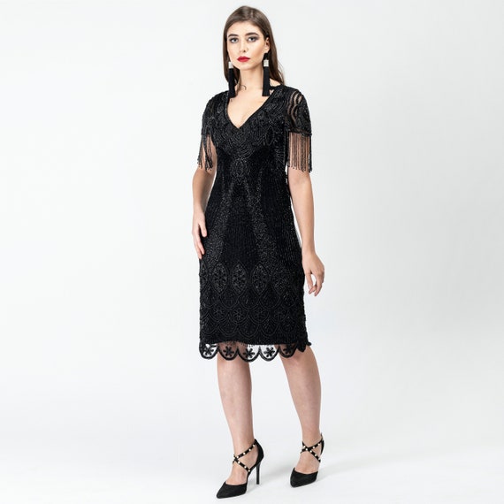 Size US4 UK8 AUS8 EU36 Marta Black with Fringe Sleeves 1920s Inspired Flapper Great Gatsby Art Deco Bridesmaid Wedding Guest Black Tie Dress