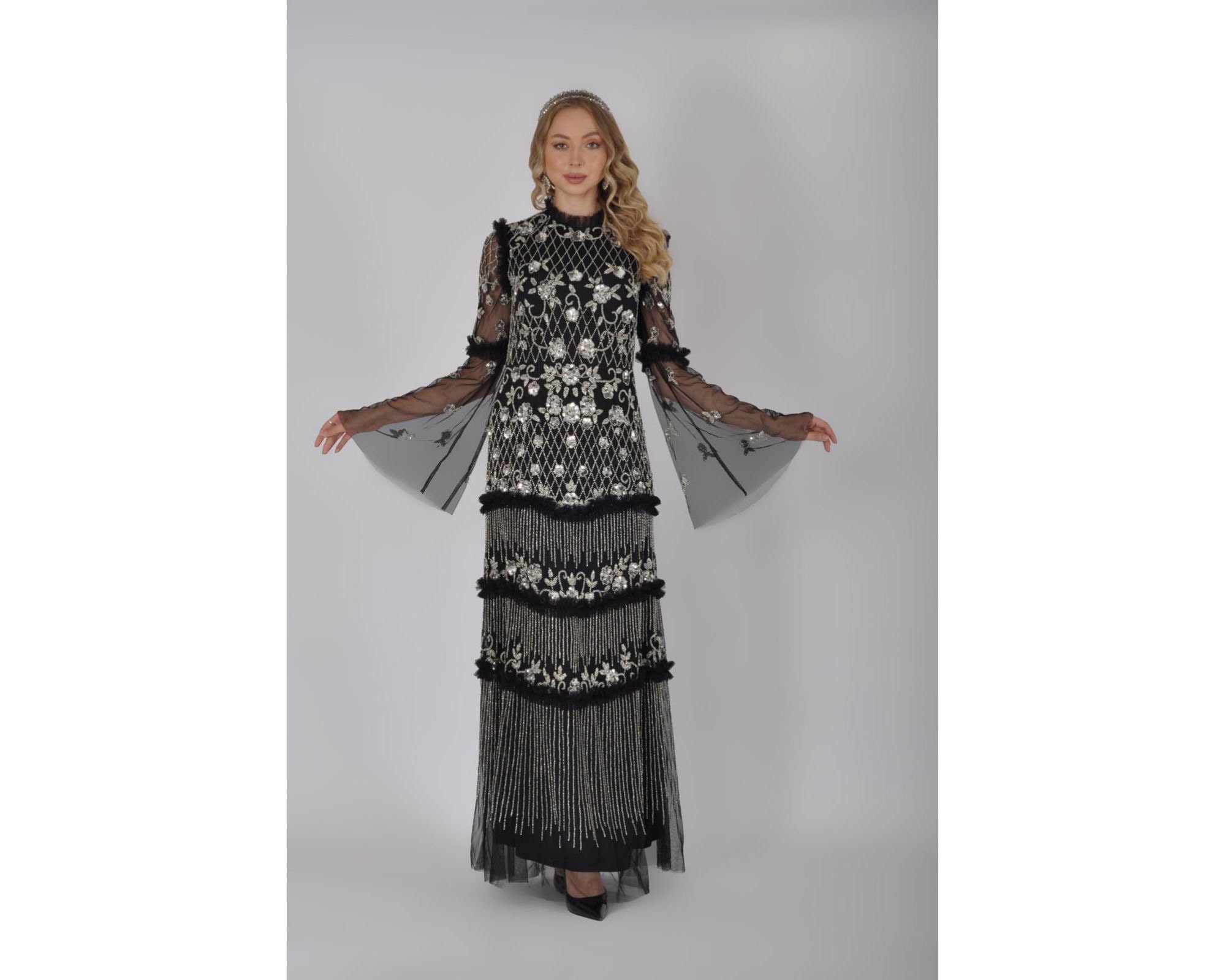 Size US4 UK8 EU36 AUS8 Black Silver Full Flare Sleeved Maxi Wedding Guest Modest Wear Prom Dress 1920s Great Gatsby Art Deco Bridesmaids Etsy